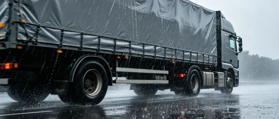 Truck covered with PVC tarpaulin on highway