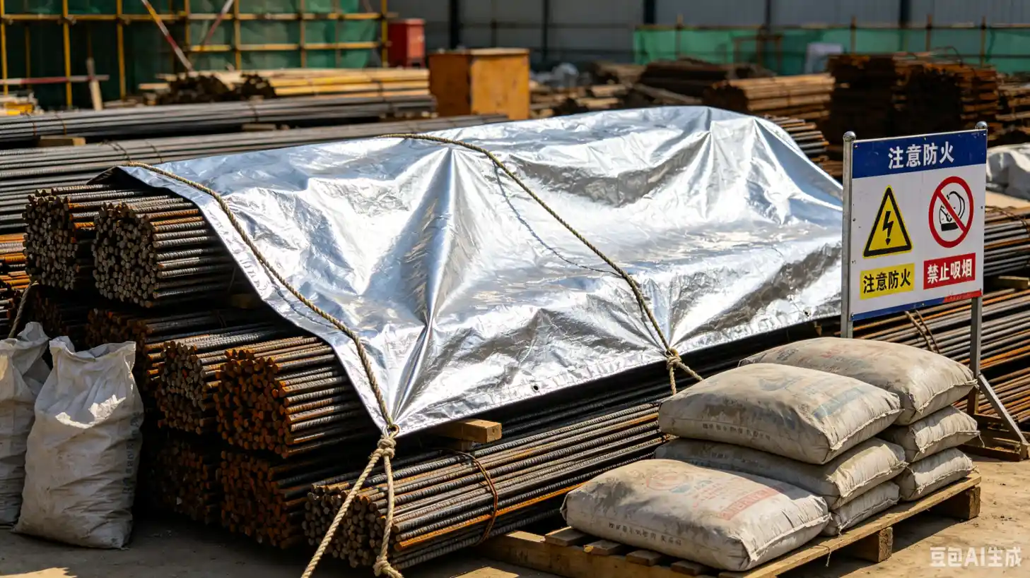 Construction site covered with industrial tarpaulin and ventilation duct