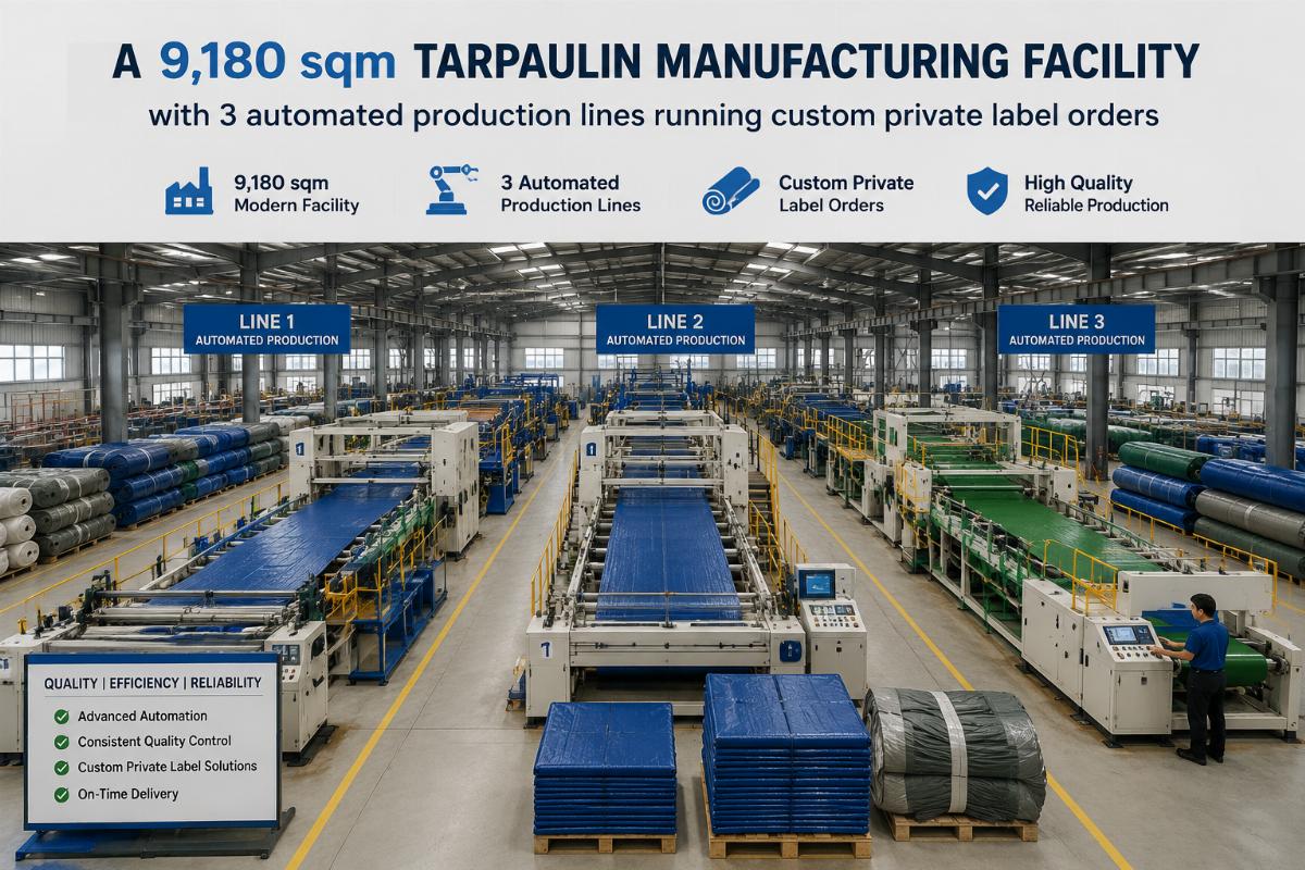 A 9,180 sqm tarpaulin manufacturing facility with 3 automated production lines running custom private label orders