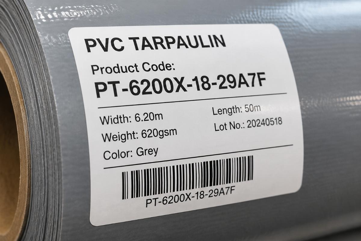 A close-up of a custom unique product code printed on a PVC tarpaulin roll label