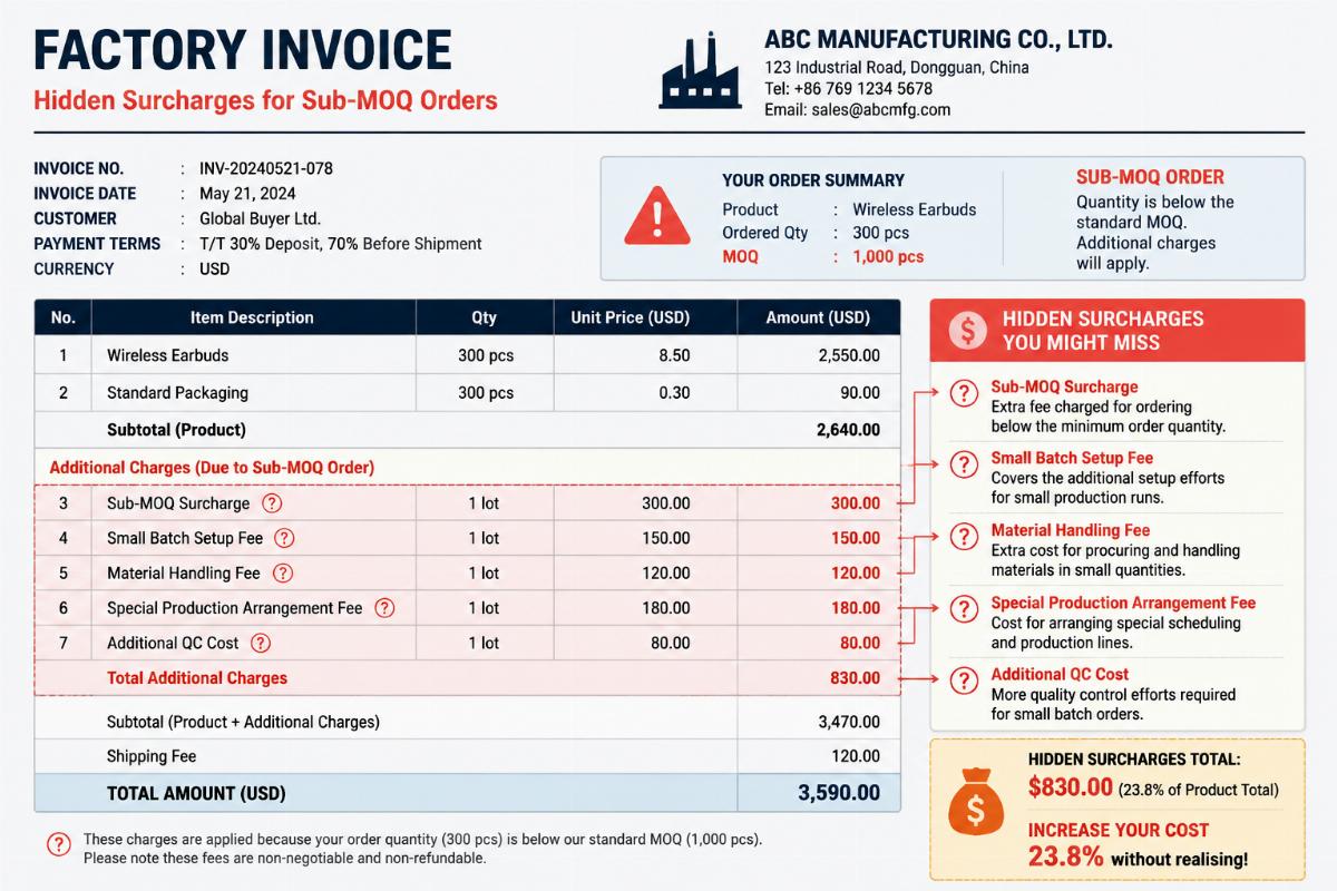 A factory invoice highlighting hidden surcharges for sub-MOQ orders