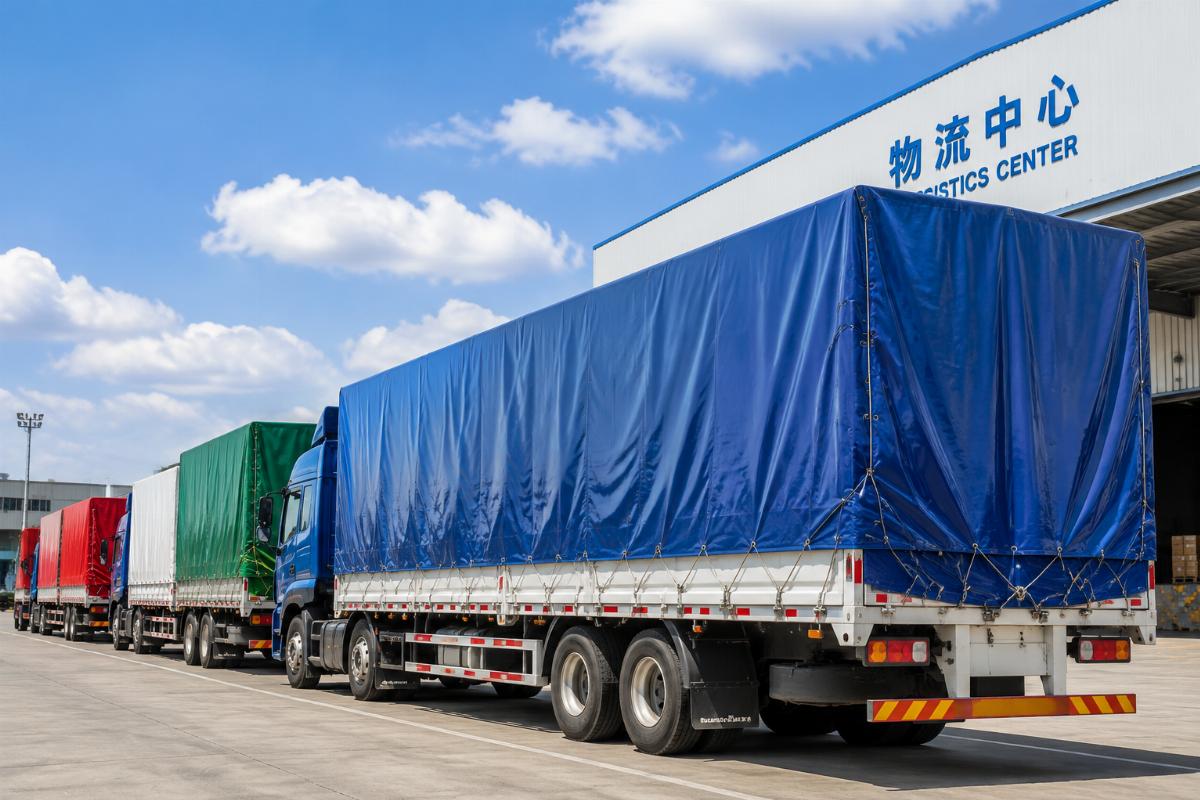 A fleet of commercial trucks with custom fitted PVC tarpaulin cargo covers parked at a logistics yard