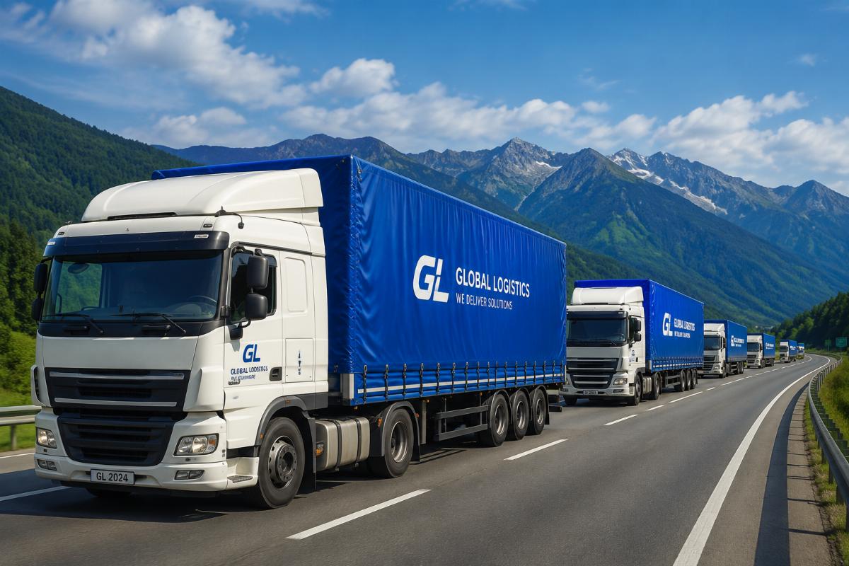 A logistics fleet of trucks fitted with custom PVC tarpaulin cargo covers driving on a long-haul highway