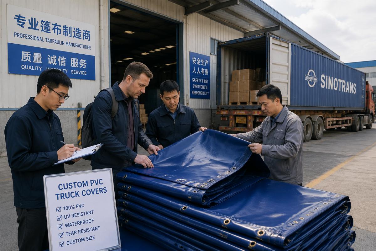 A logistics team inspecting custom PVC truck covers at a Chinese factory loading dock