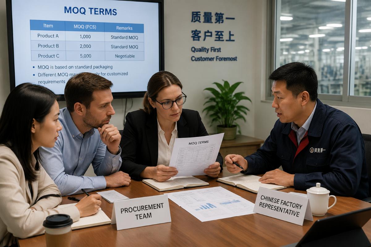 A procurement team reviewing MOQ terms with a Chinese factory representative