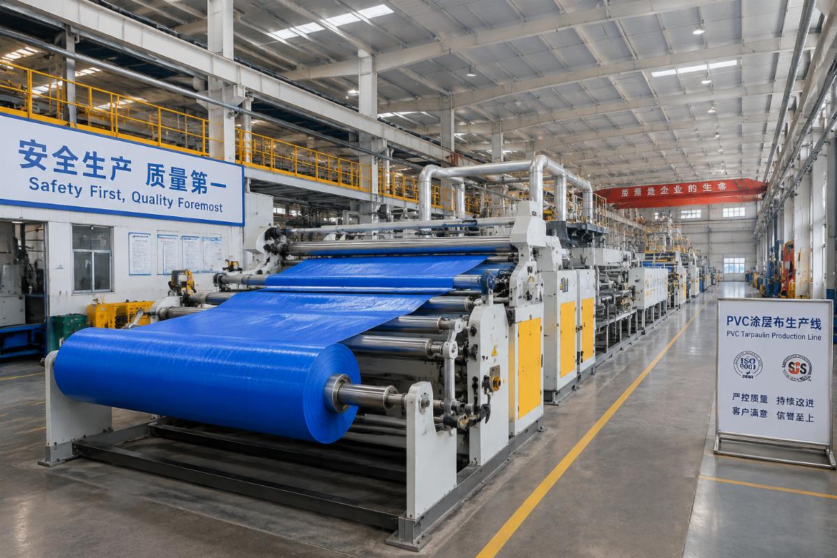 A production line of PVC tarpaulin manufacturing in a certified Chinese factory