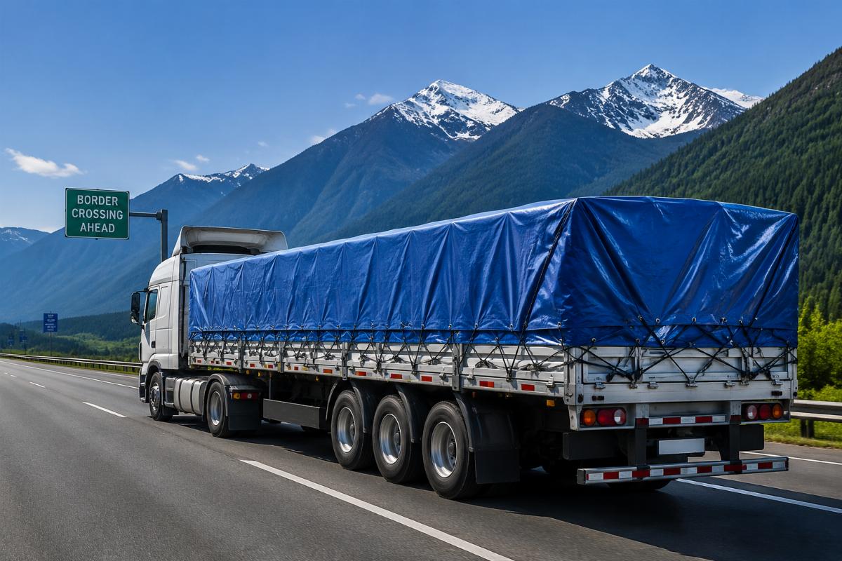 A PVC truck cover installed on a flatbed truck running long haul cross border route