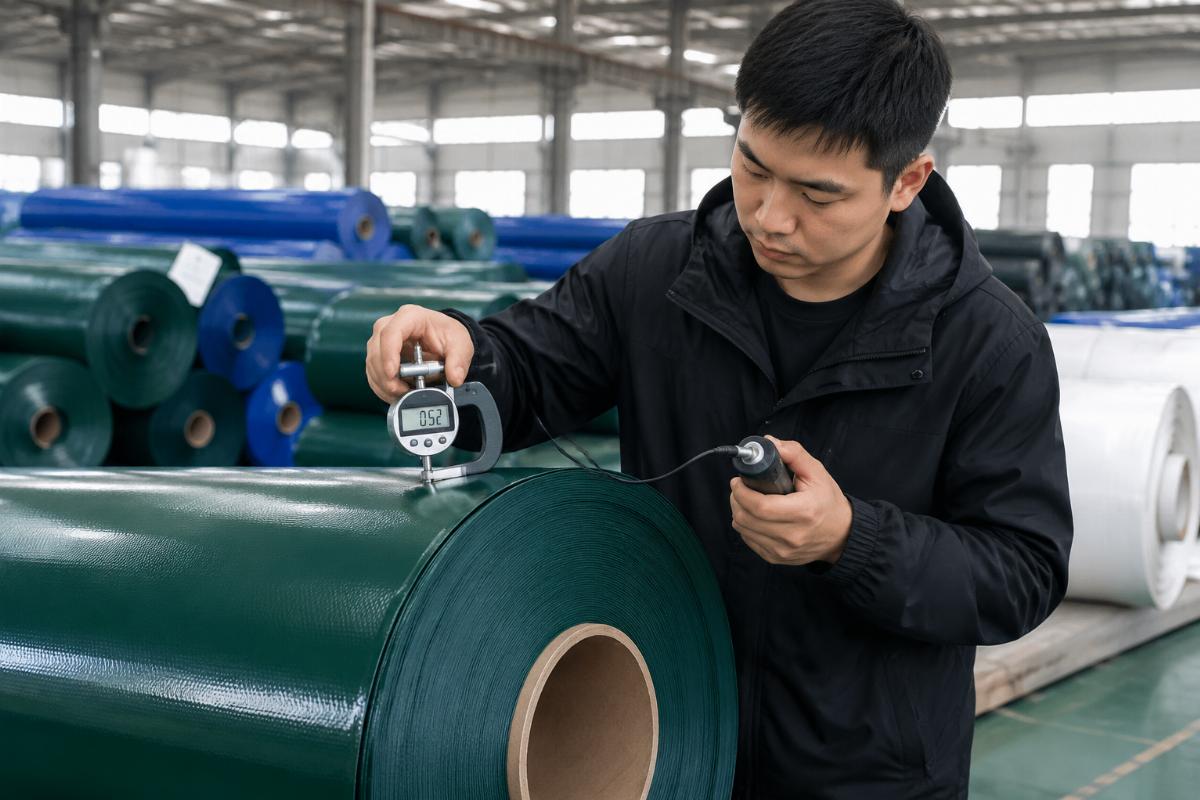 A QC inspector checking the thickness and density of a PVC tarpaulin roll in a warehouse
