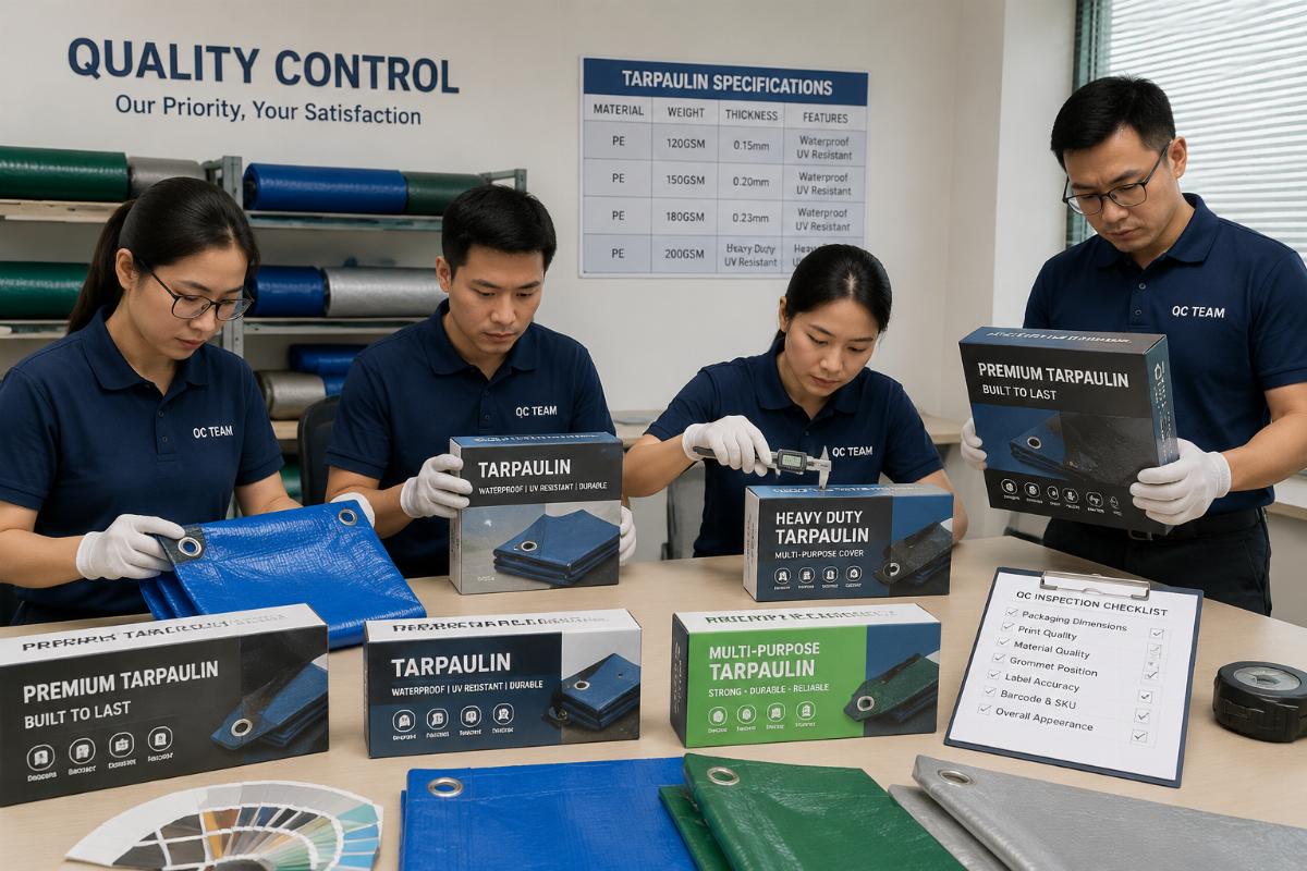 A quality control team testing custom private label packaging for tarpaulin products