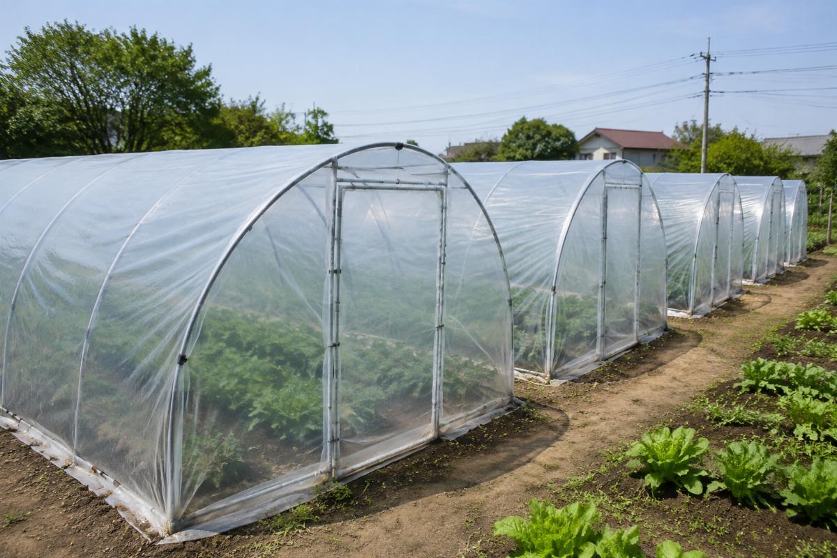 A set of small-scale greenhouse frames with fitted PE film covers