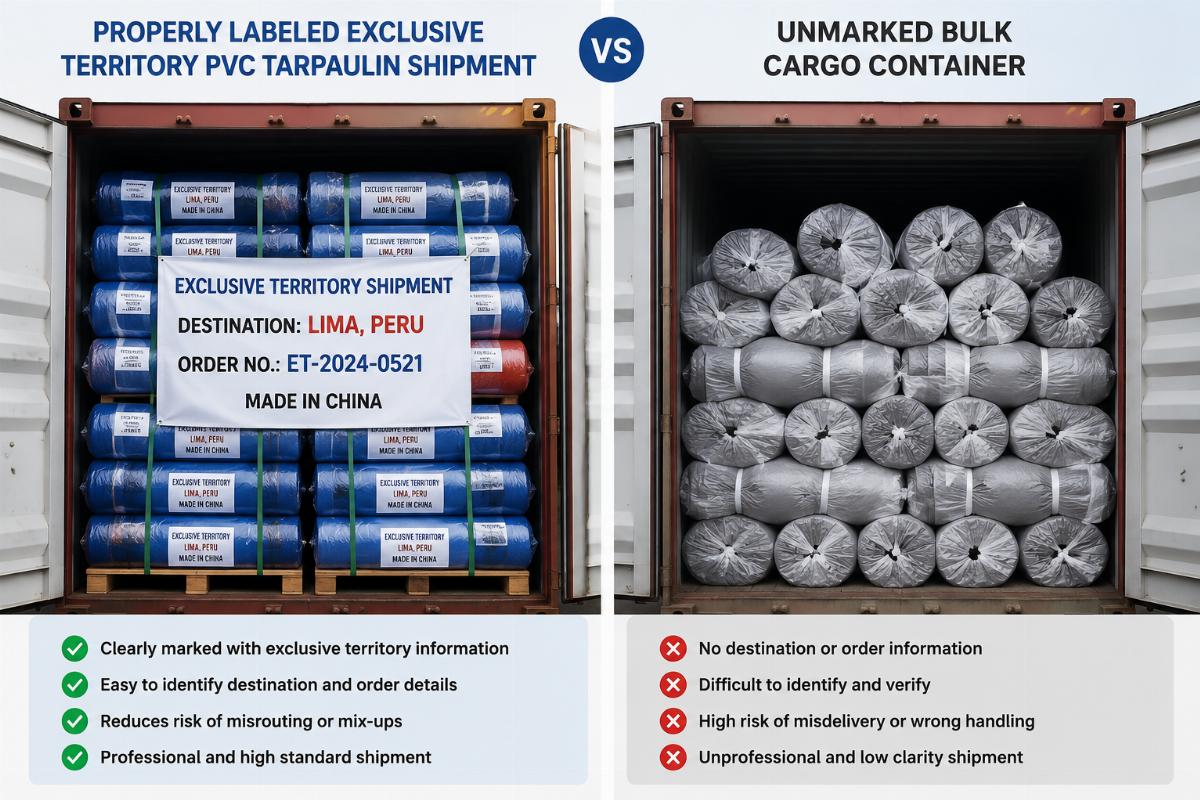 A side-by-side comparison of a properly labeled exclusive territory PVC tarpaulin shipment and an unmarked bulk cargo container