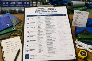 A structured checklist for verifying a Chinese tarpaulin factory laid out on a warehouse desk with sample products