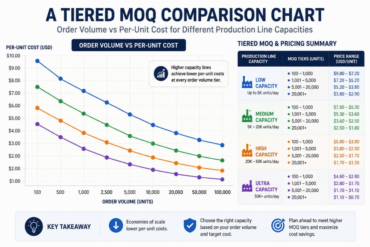 A tiered MOQ comparison chart showing order volume vs per-unit cost for different production line capacities