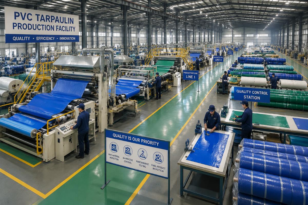 A tour view of a PVC tarpaulin production facility with organized production lines and quality control stations