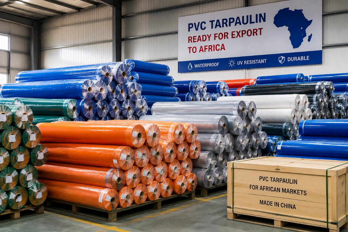 A warehouse of rolled PVC tarpaulin ready for export to African markets