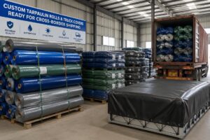 A warehouse of stacked custom tarpaulin rolls and fitted truck covers ready for cross-border shipping