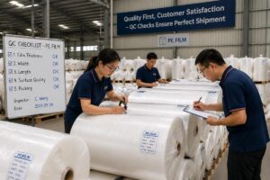 A warehouse team conducting QC checks on rolls of PE film before shipment