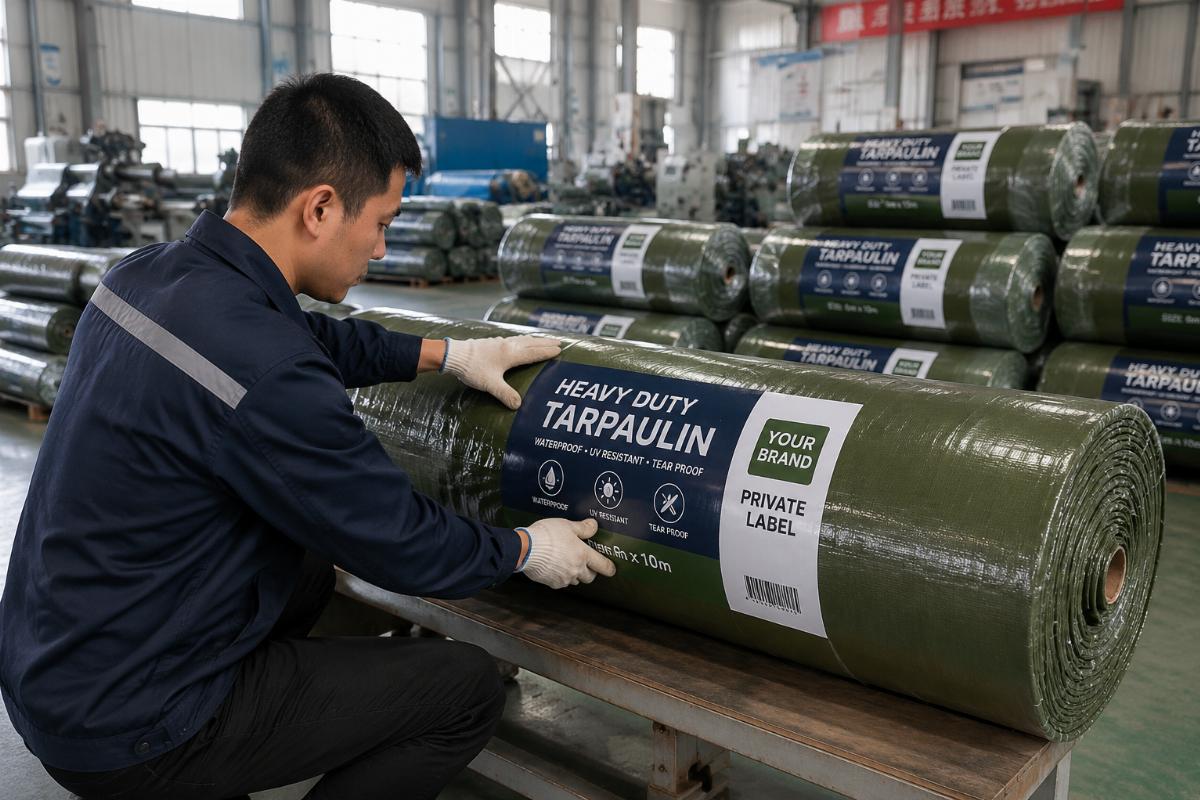 A worker applying custom private label packaging to bulk tarpaulin rolls in a factory warehouse