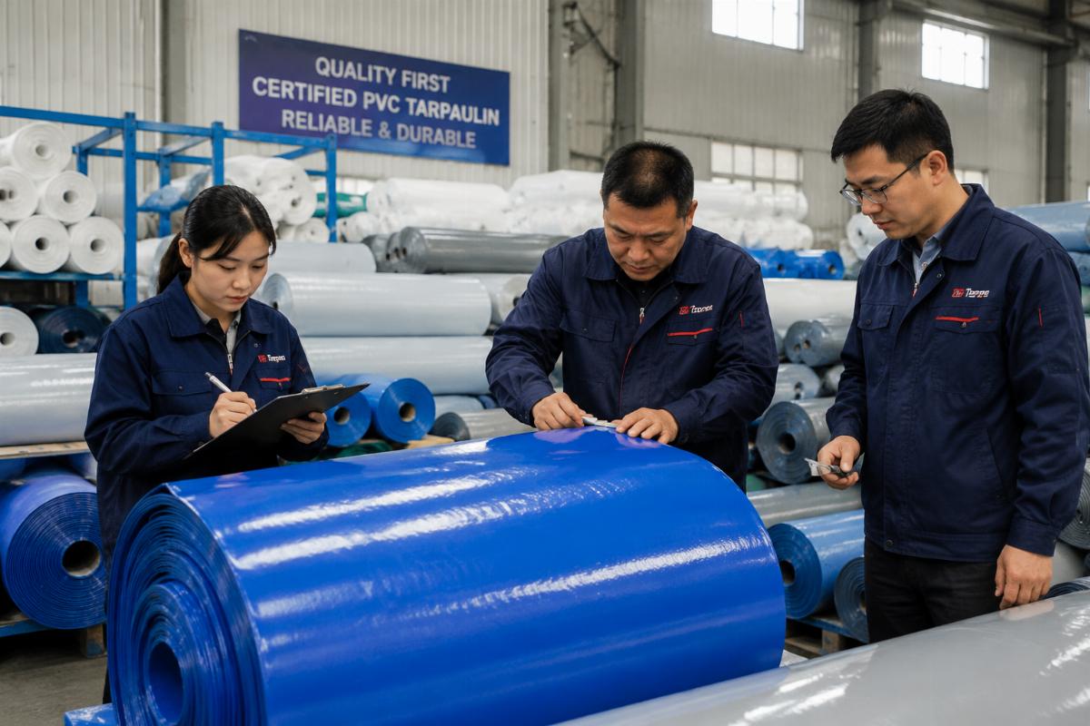Certified PVC tarpaulin factory quality control team inspecting finished rolls