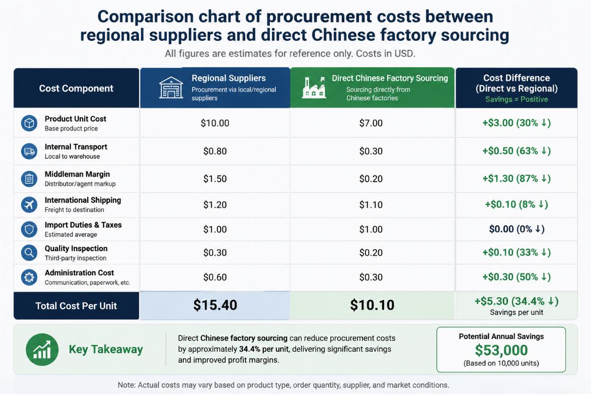 Comparison chart of procurement costs between regional suppliers and direct Chinese factory sourcing
