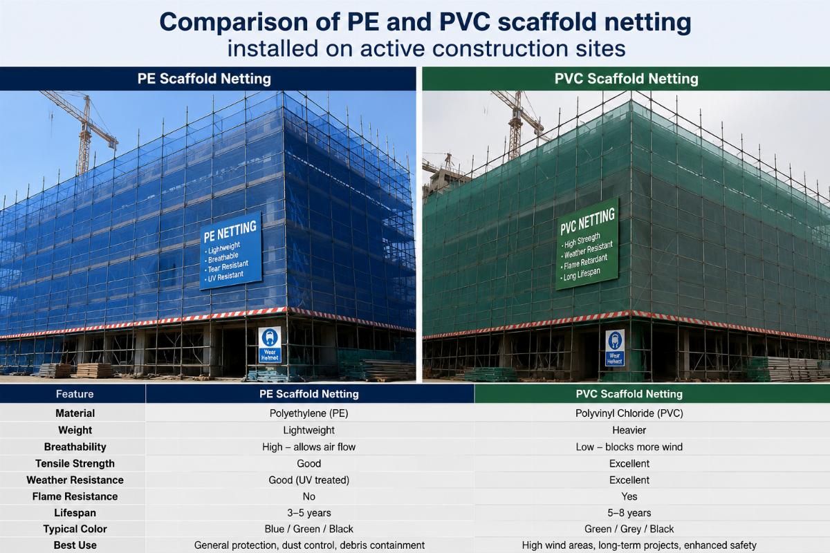 Comparison of PE and PVC scaffold netting installed on active construction sites