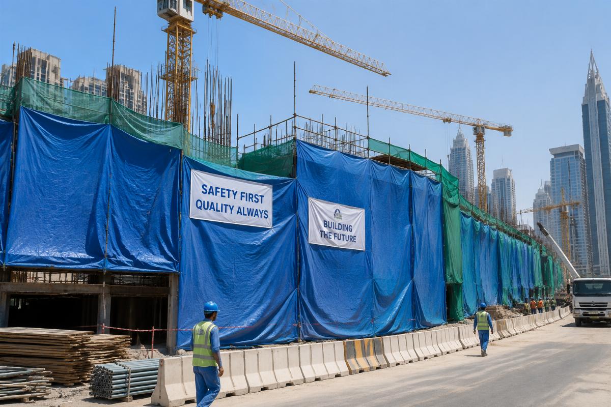 Construction site tarpaulin usage in Middle East infrastructure projects