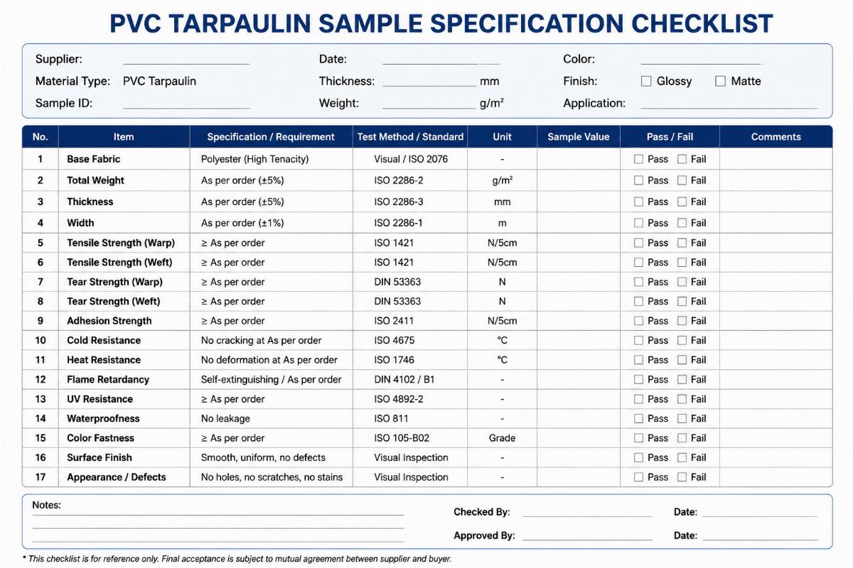 Correct PVC tarpaulin sample specification checklist