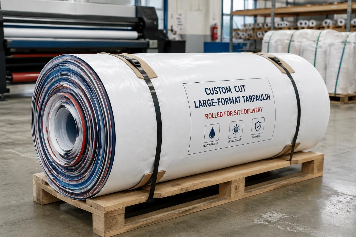 Custom cut large-format tarpaulin rolled for site delivery
