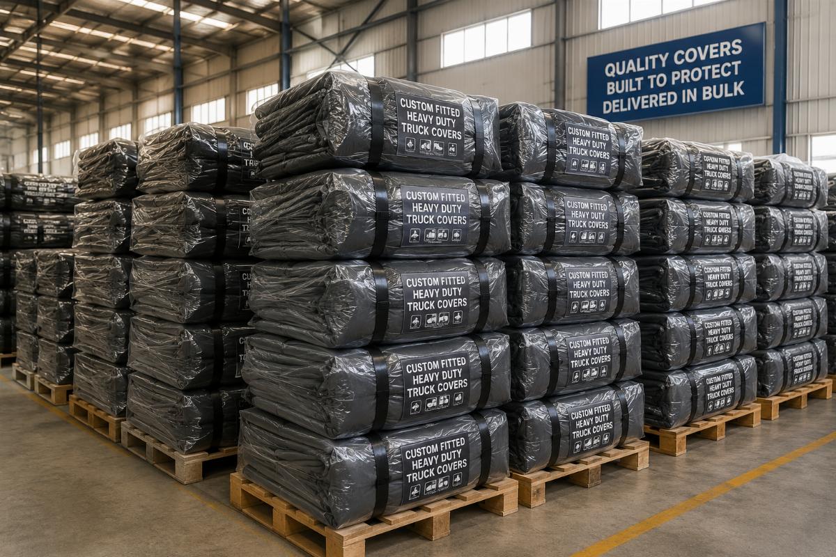 Custom fitted heavy duty truck covers stacked in a warehouse for bulk delivery