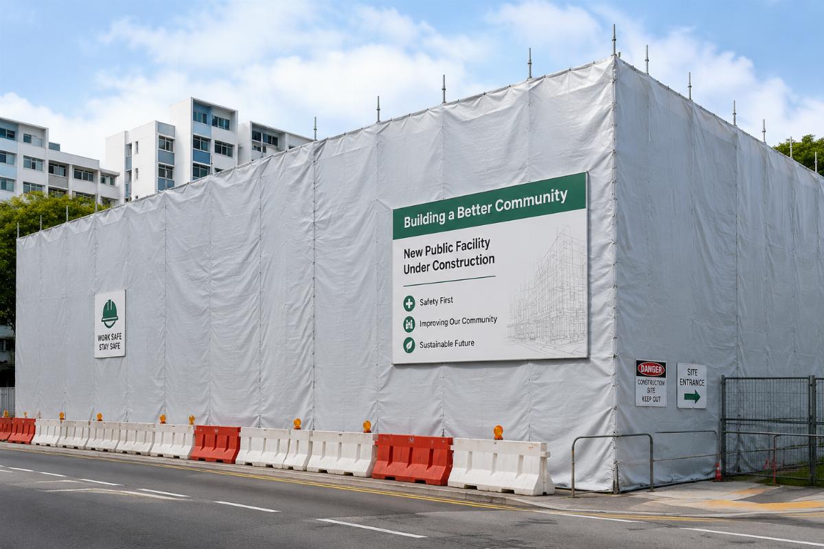 Custom fitted PVC tarpaulin covering public facility construction site