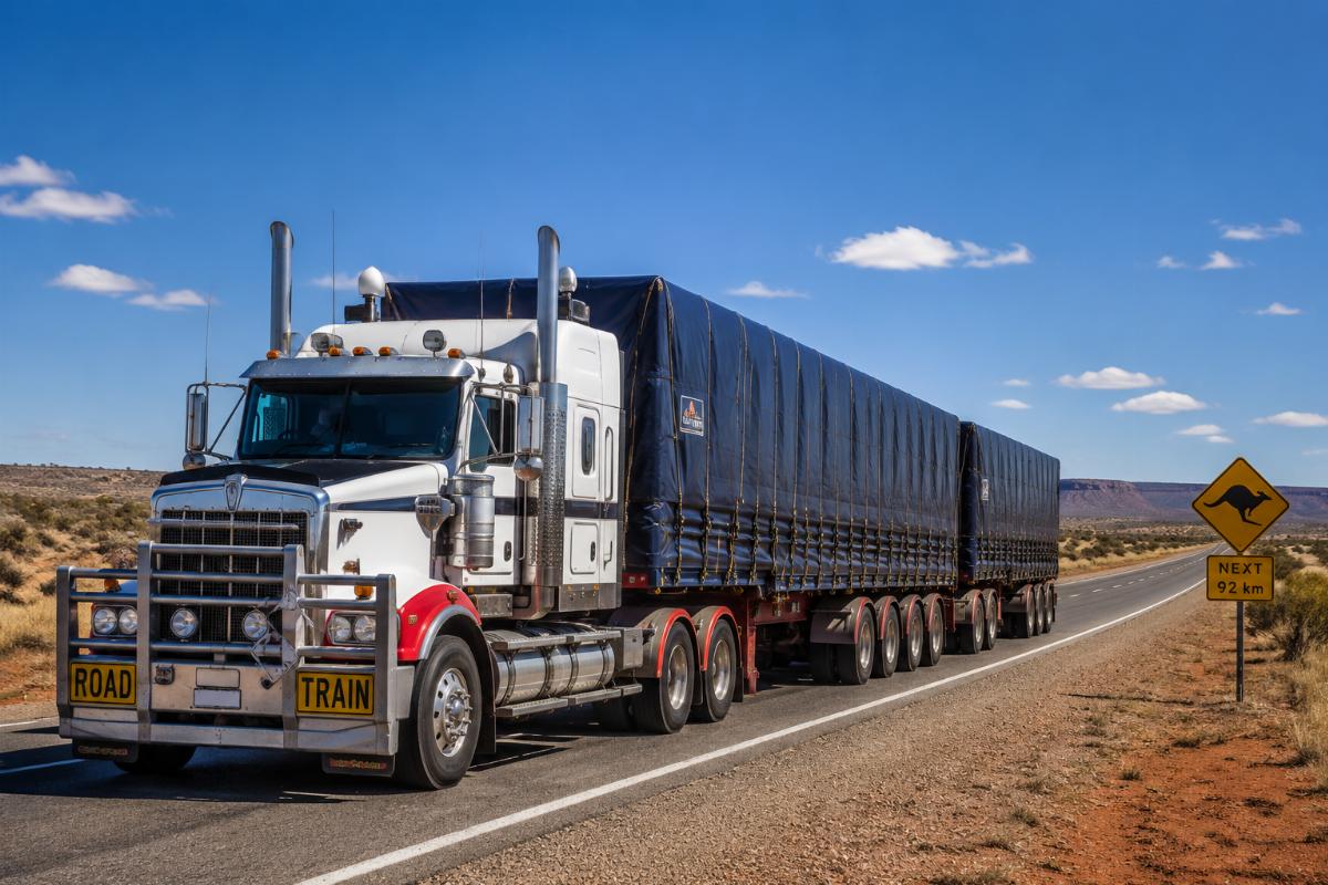 Custom fitted truck tarp secured to a heavy duty prime mover on an outback Australian highway