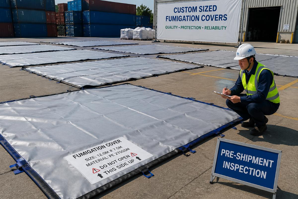 Custom sized fumigation covers laid out for pre-shipment inspection