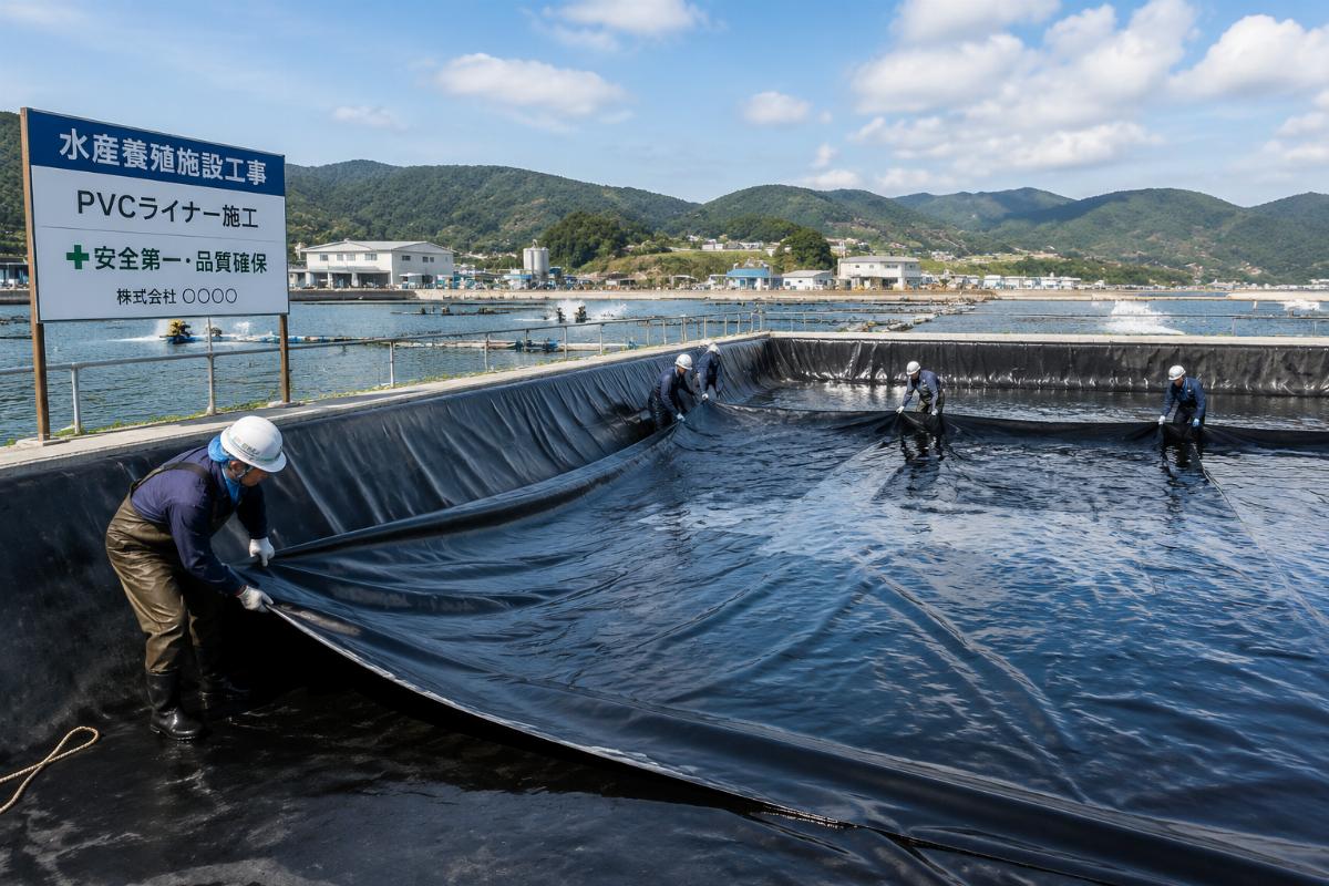 Custom-sized PVC pond liner being deployed at a large Japanese aquaculture site