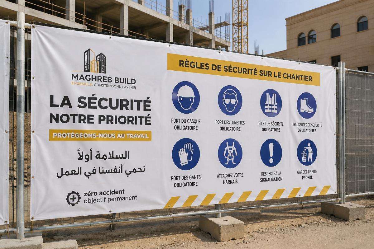 Custom-sized PVC tarpaulin installed on a North African construction site