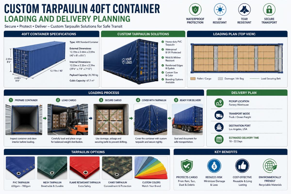 Custom tarpaulin 40ft container loading and delivery planning