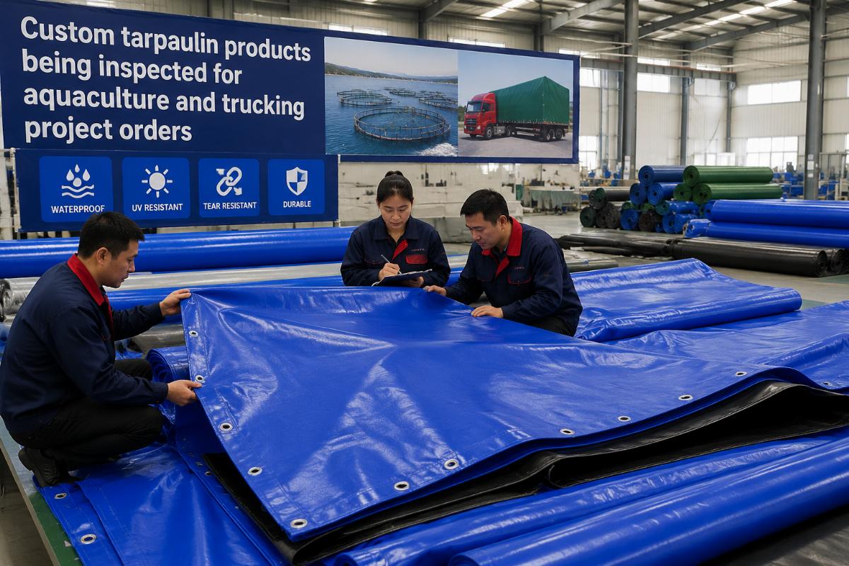Custom tarpaulin products being inspected for aquaculture and trucking project orders