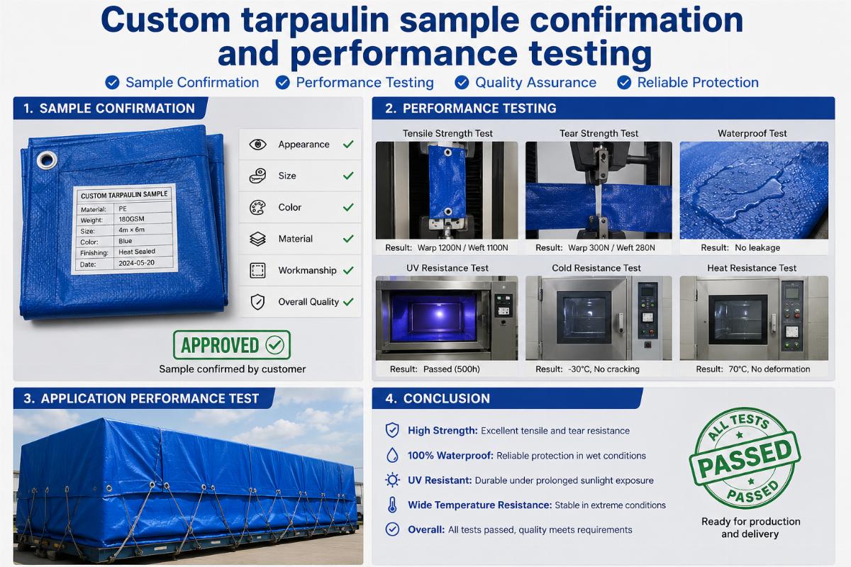 Custom tarpaulin sample confirmation and performance testing