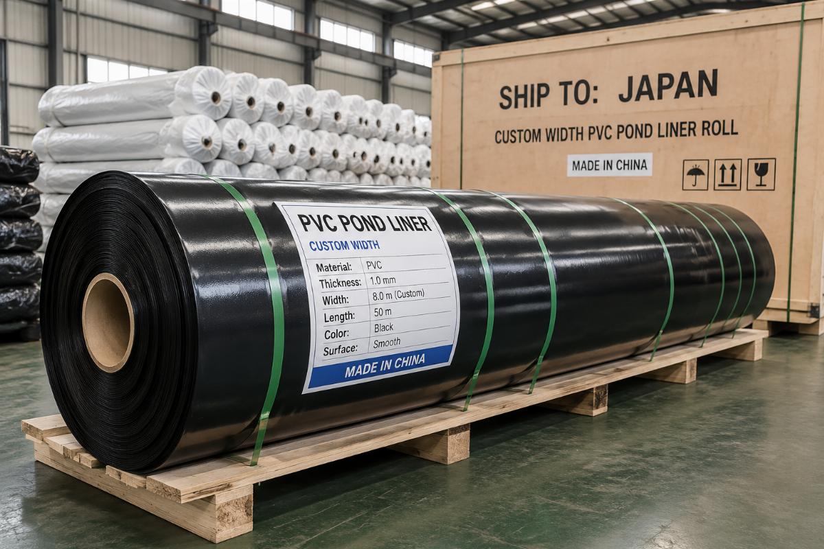 Custom width PVC pond liner roll ready for shipment to Japan