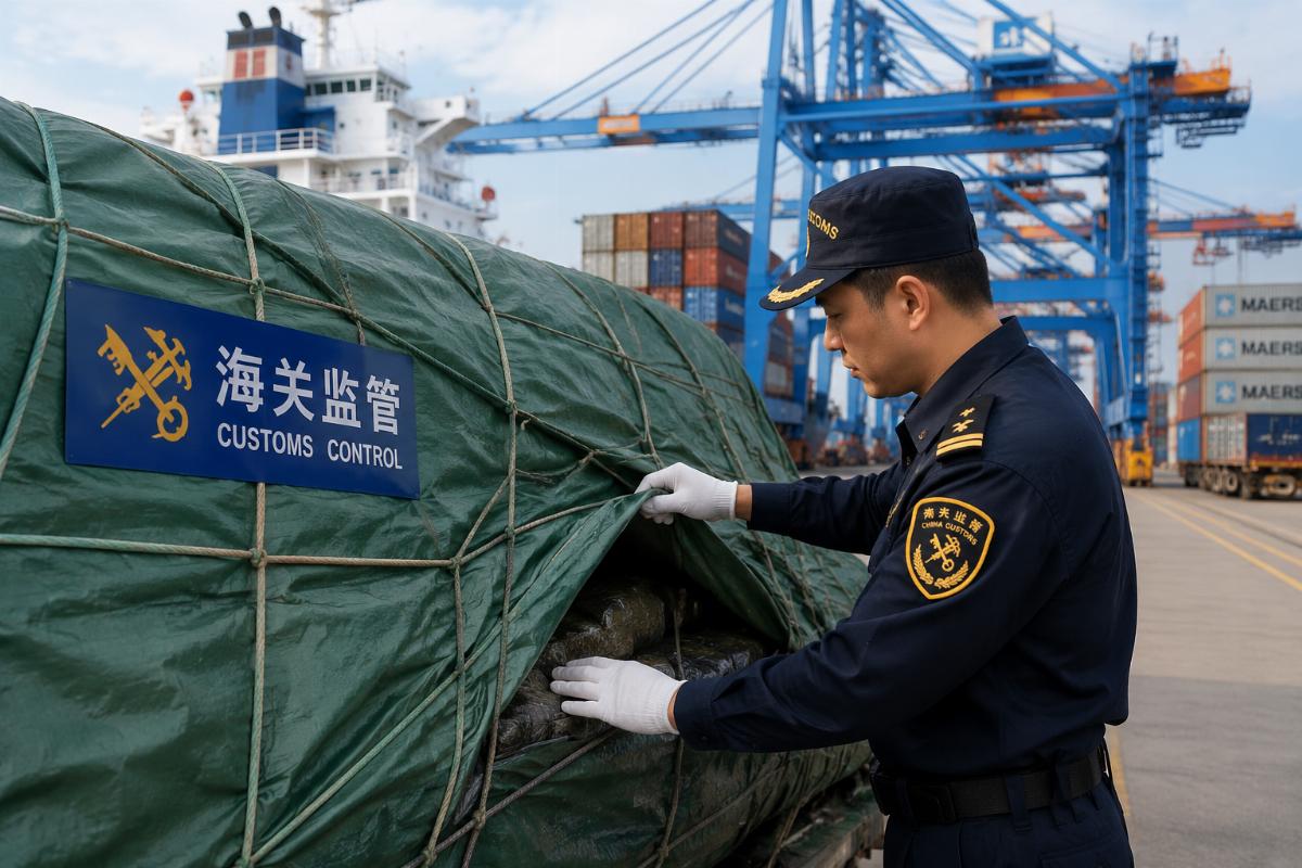 Customs officer inspecting a tarpaulin shipment at a port terminal