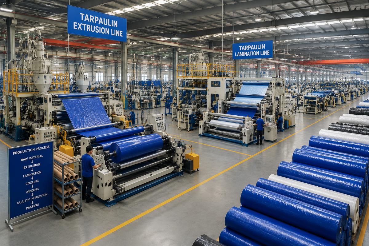 Factory production floor showing dedicated tarpaulin extrusion and lamination lines