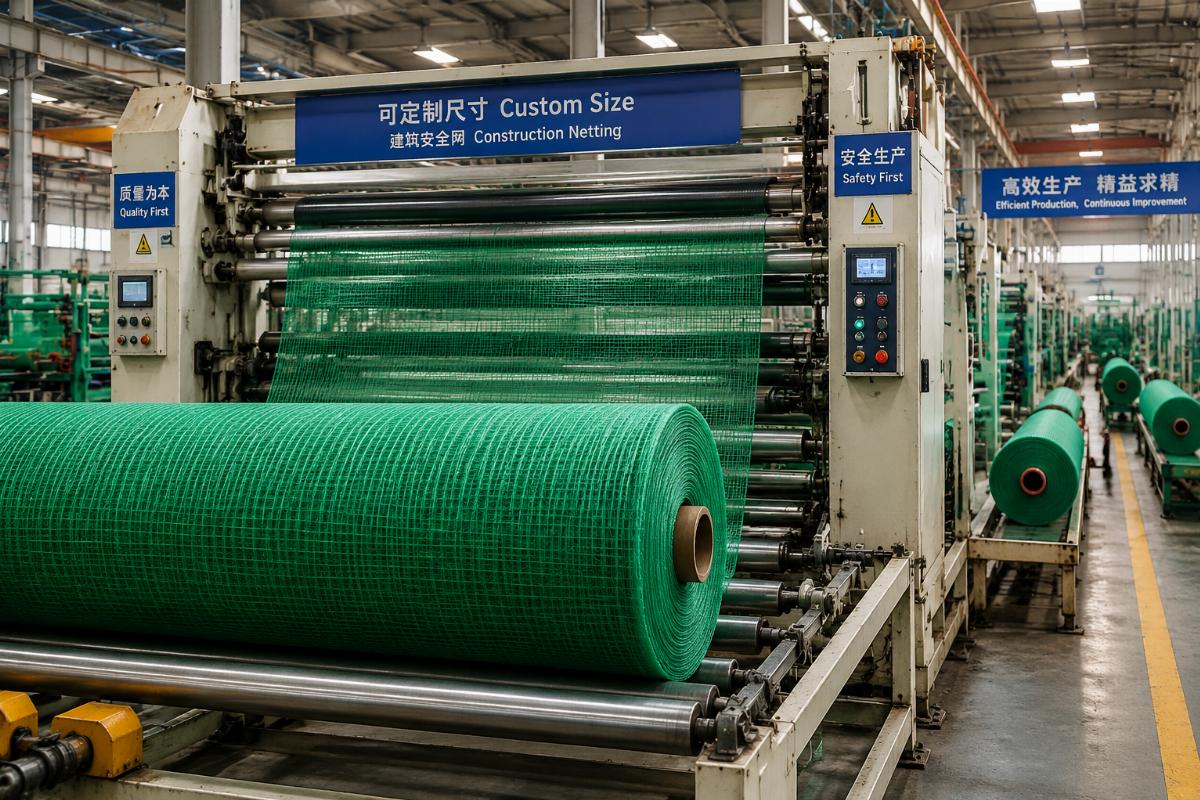 Factory production line running custom sized construction netting rolls