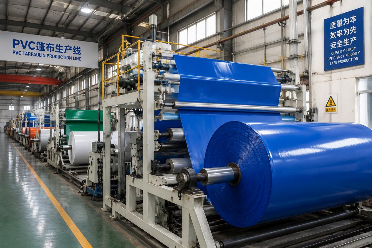 Factory production line running PVC tarpaulin rolls
