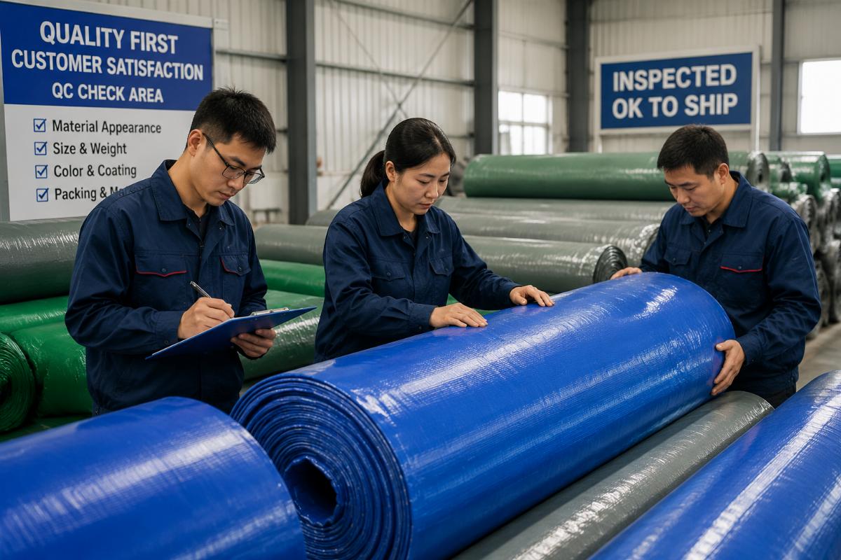 Factory QC team inspecting rolled tarpaulin material before shipment