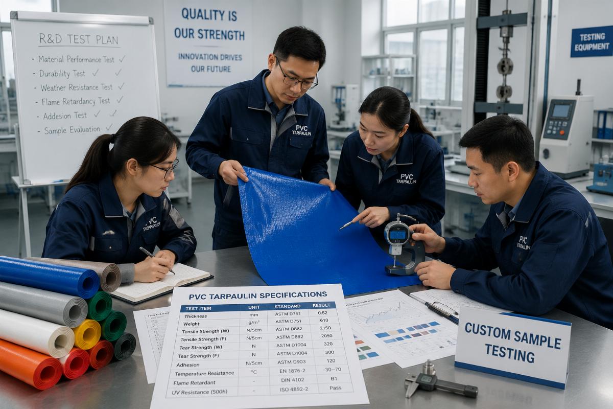 Factory R&D team testing custom PVC tarpaulin sample specifications