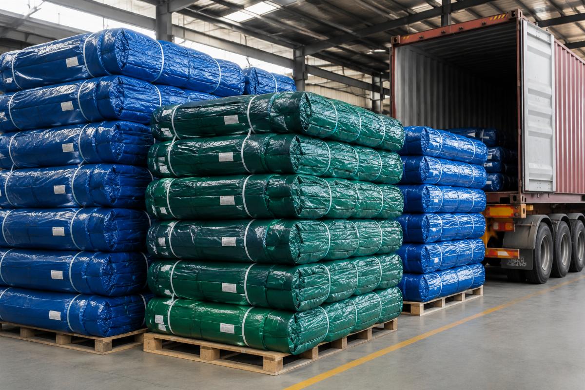 Finished PVC truck covers packaged for container shipping to global buyers