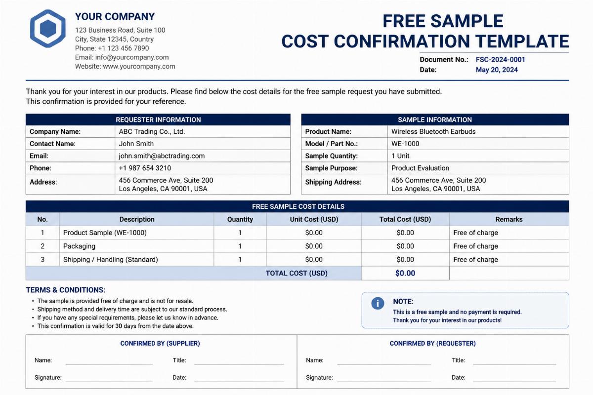 Free sample cost confirmation template