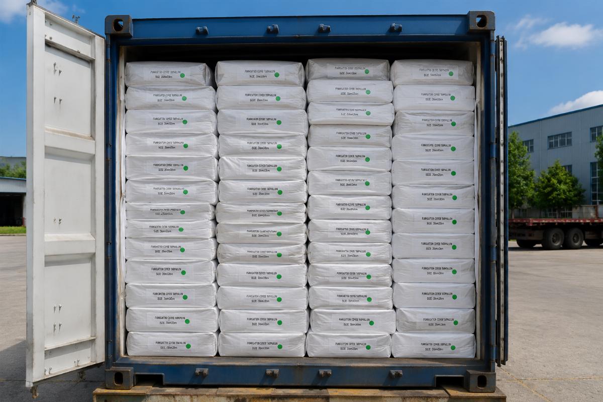 Full container of fumigation cover tarpaulins ready for loading