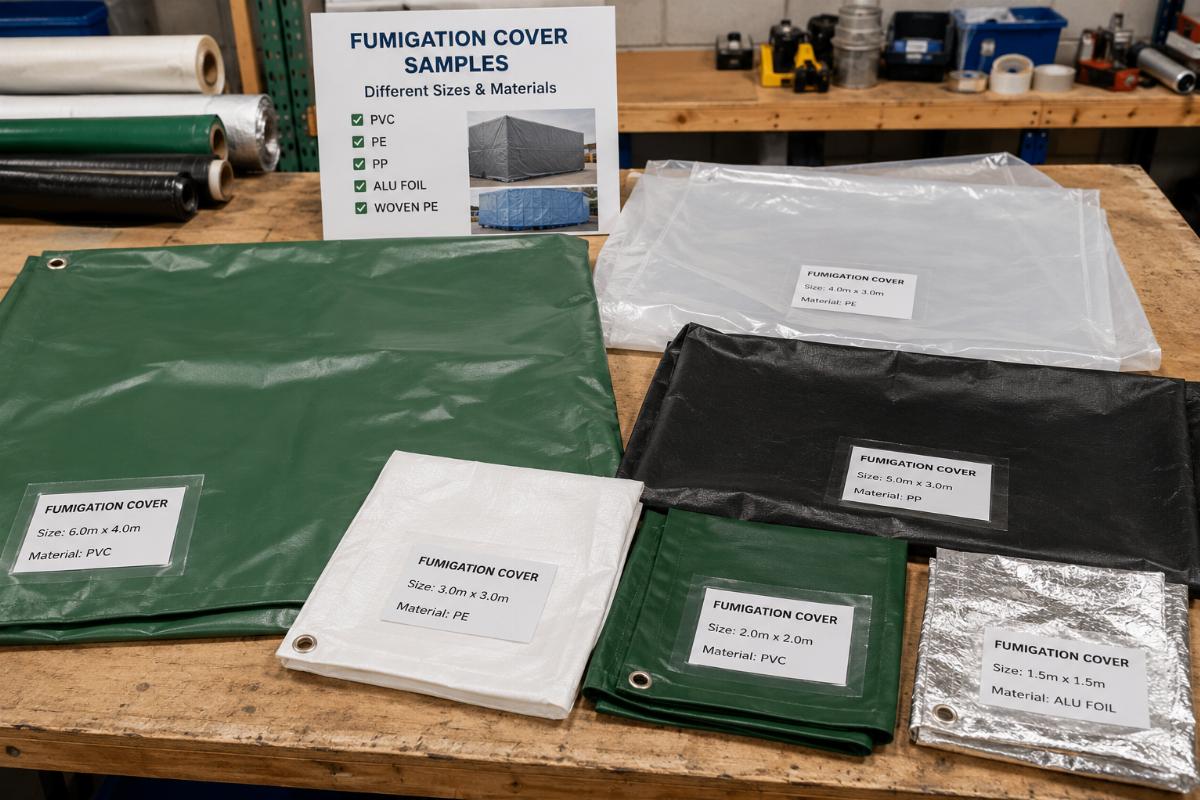Fumigation cover samples of different sizes and materials displayed on workbench