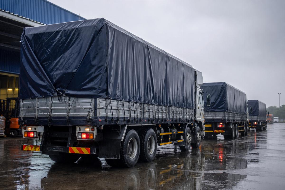 Heavy duty truck covers deployed on a Vietnam logistics fleet in rainy conditions