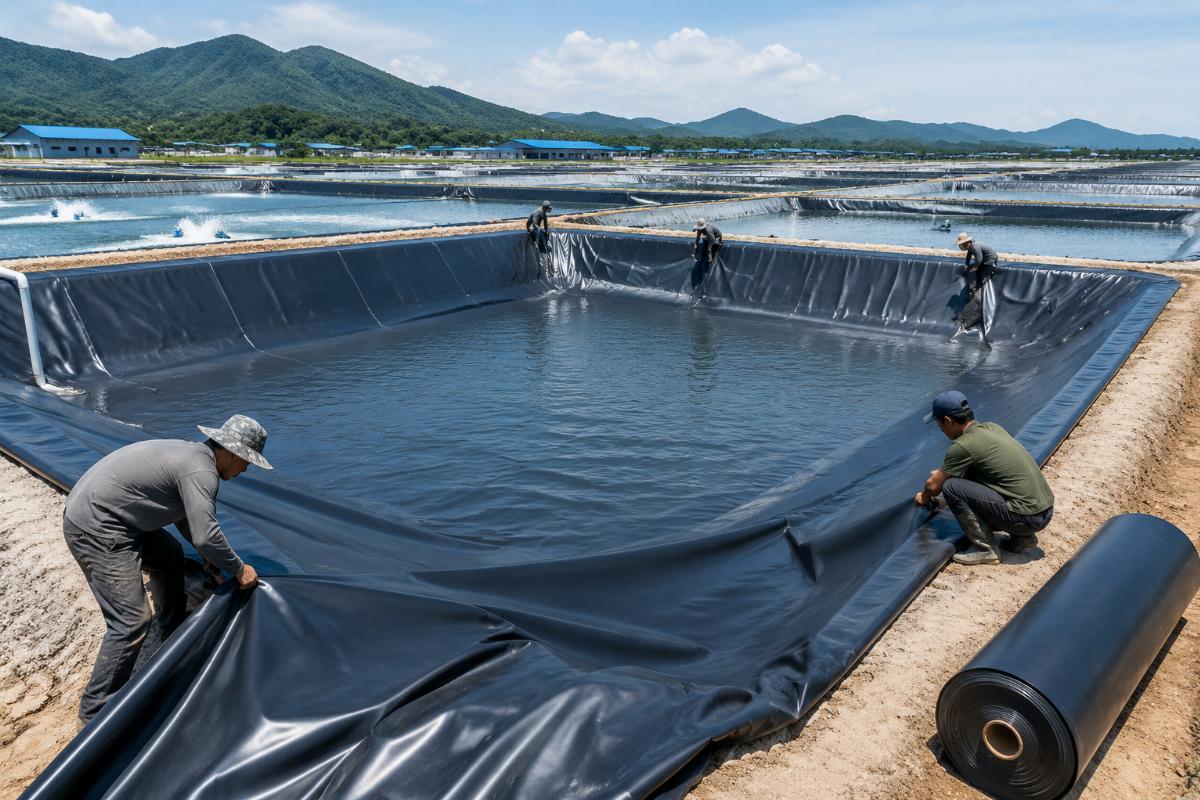 High-density PVC fish pond liners being installed at a large-scale aquaculture farm